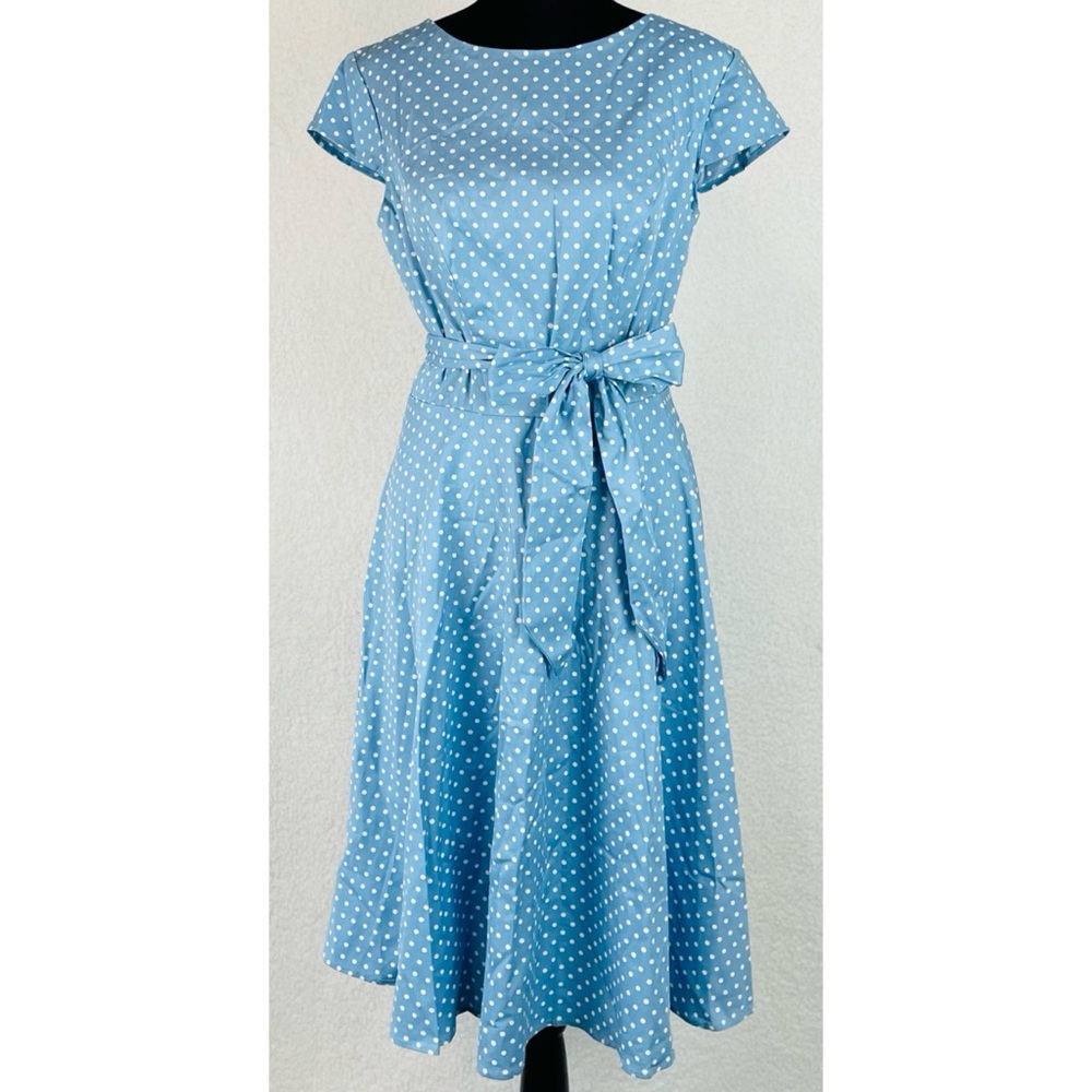 (NWOT) DRESSYSTAR • Blue/White Polka Dot Vintage-Inspired Cap Sleeve Dress, M - Picture 13 of 16